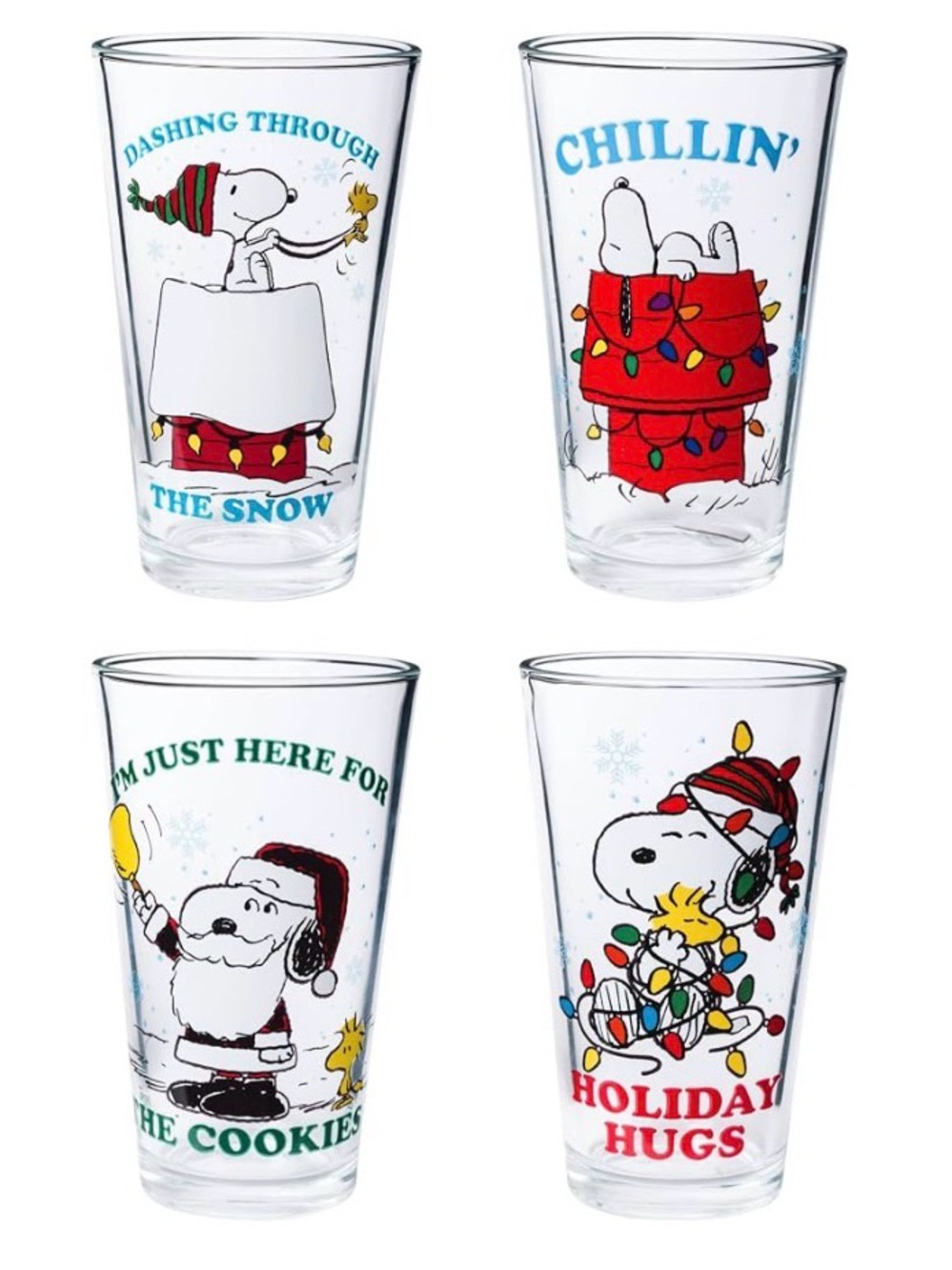 Peanuts Snoopy Holiday Boxed 4Pc 16Oz Pint Glass Set Snoopy Woodstock Christmas